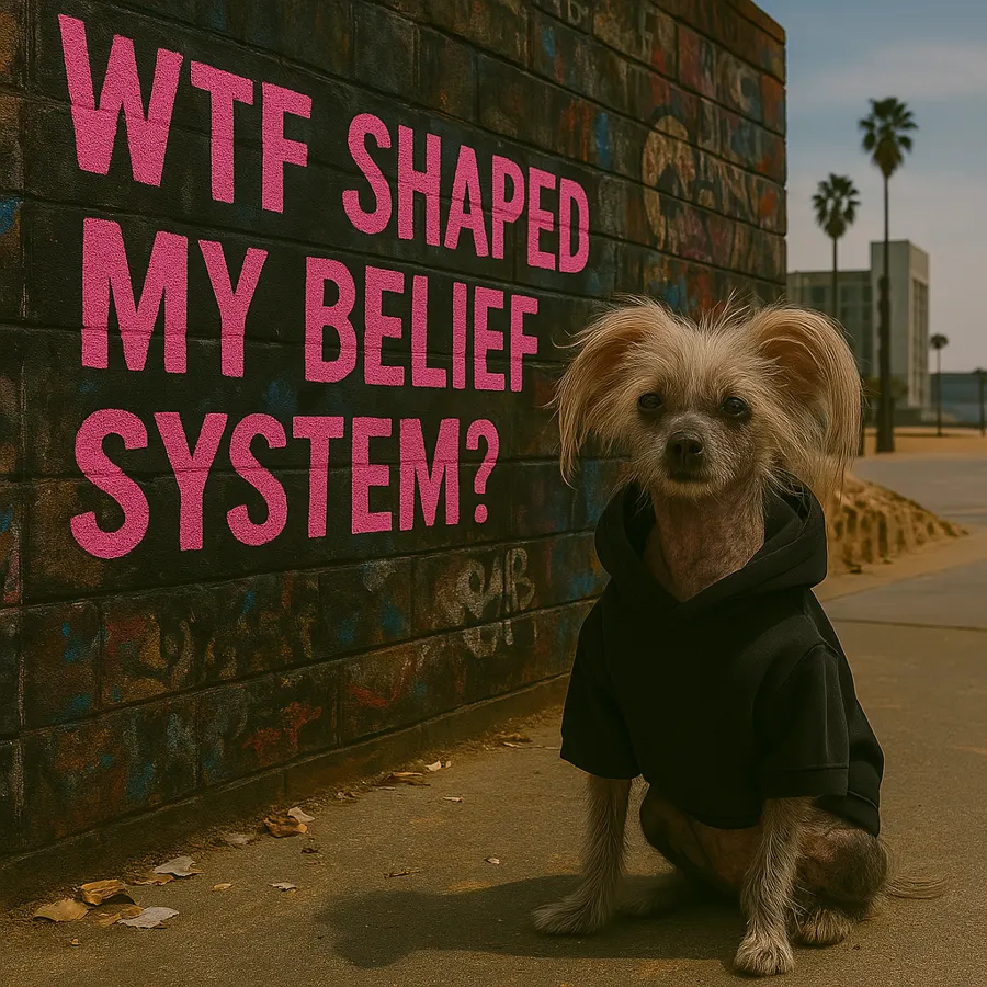 Chimmi in front of a wall that says: WTF shaped my belief system?