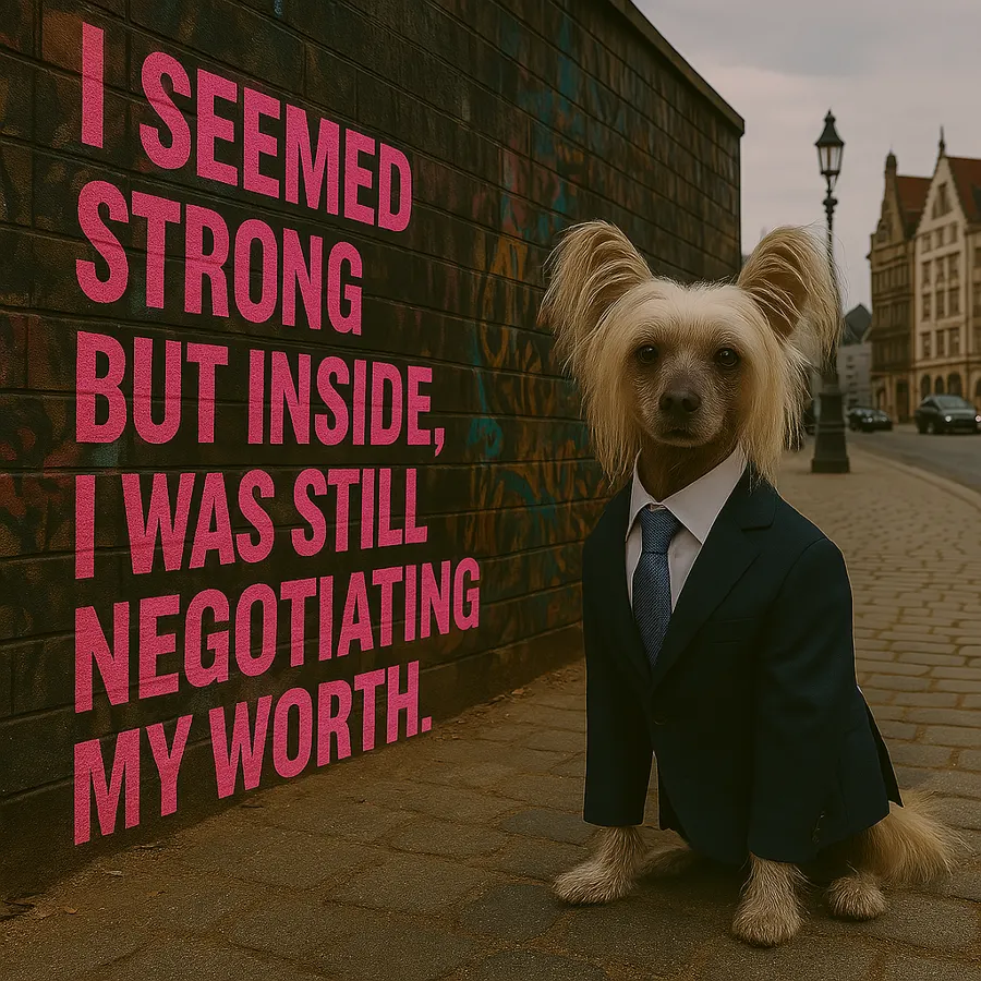 Chimmi in a suit in front of a wall that says: I seemed strong but inside, I was still negotiating my worth.