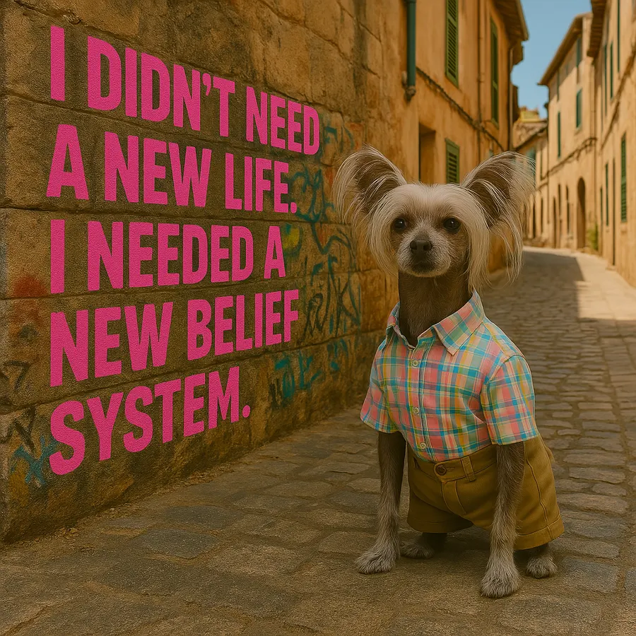 Chimmi in front of a wall that says: I didn't need a new life. I needed a new belief system.