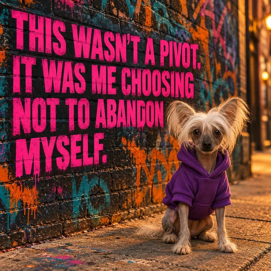 Chimmi in a purple hoodie in front of a wall that says: This wasn't a pivot. It was me choosing not to abandon myself.