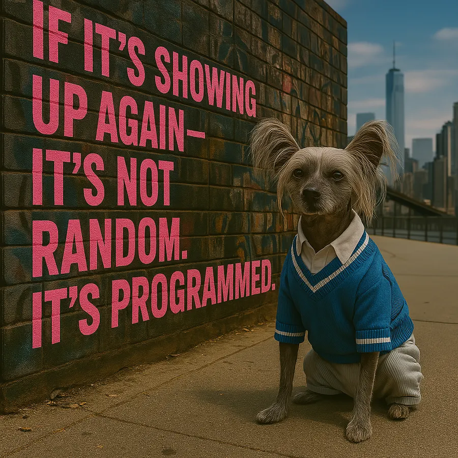 Chimmi in front of a wall that says: If it's showing up again, it's not random. It's programmed.