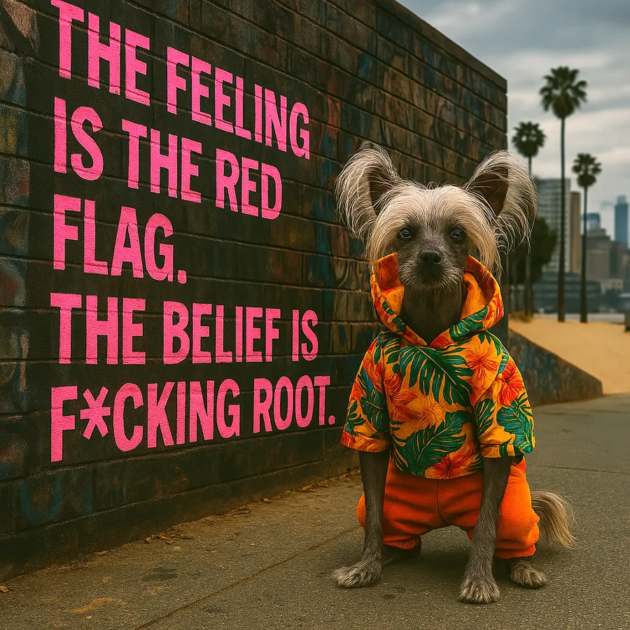 Chimmi in front of a wall that says: The feeling is the red flag. The belief is the f*cking root.